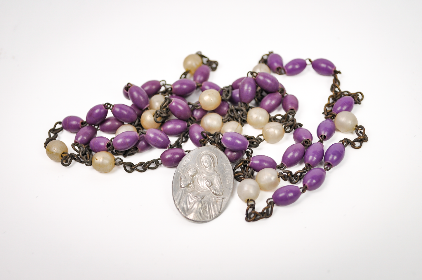 Vintage Catholic Saint Anne Purple Rosary - Purple and Pearlized Bead Religious Saint Anne Italian Rosary