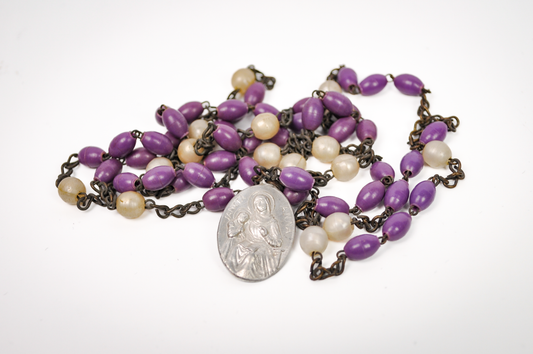 Vintage Catholic Saint Anne Purple Rosary - Purple and Pearlized Bead Religious Saint Anne Italian Rosary