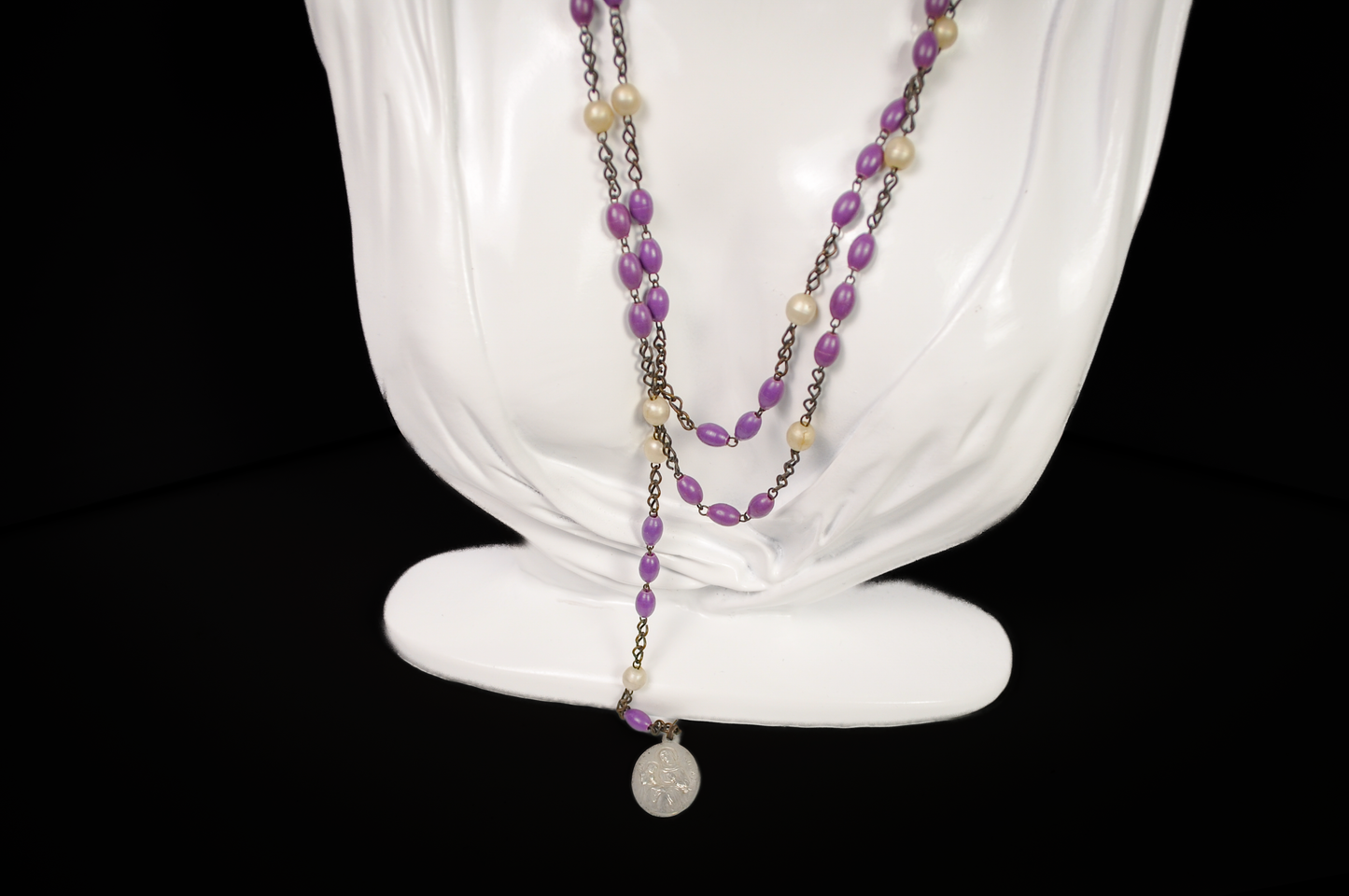 Vintage Catholic Saint Anne Purple Rosary - Purple and Pearlized Bead Religious Saint Anne Italian Rosary