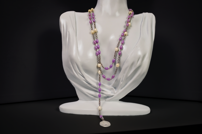 Vintage Catholic Saint Anne Purple Rosary - Purple and Pearlized Bead Religious Saint Anne Italian Rosary