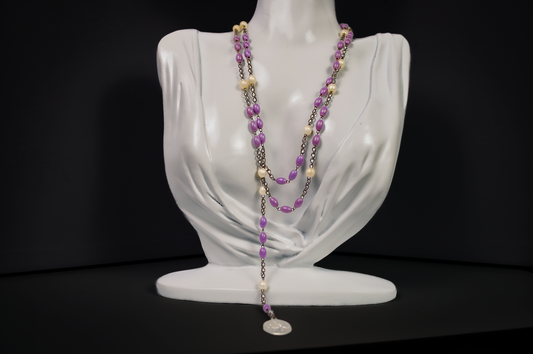 Vintage Catholic Saint Anne Purple Rosary - Purple and Pearlized Bead Religious Saint Anne Italian Rosary