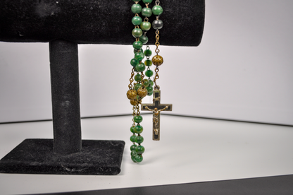 Emerald Green Beaded Rosary Necklace with Gold-Tone Accents and Crucifix - Traditional Five-Decade Catholic Rosary Green Stone-Style Beads and Gold Chain