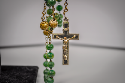 Emerald Green Beaded Rosary Necklace with Gold-Tone Accents and Crucifix - Traditional Five-Decade Catholic Rosary Green Stone-Style Beads and Gold Chain