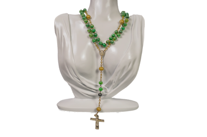 Emerald Green Beaded Rosary Necklace with Gold-Tone Accents and Crucifix - Traditional Five-Decade Catholic Rosary Green Stone-Style Beads and Gold Chain