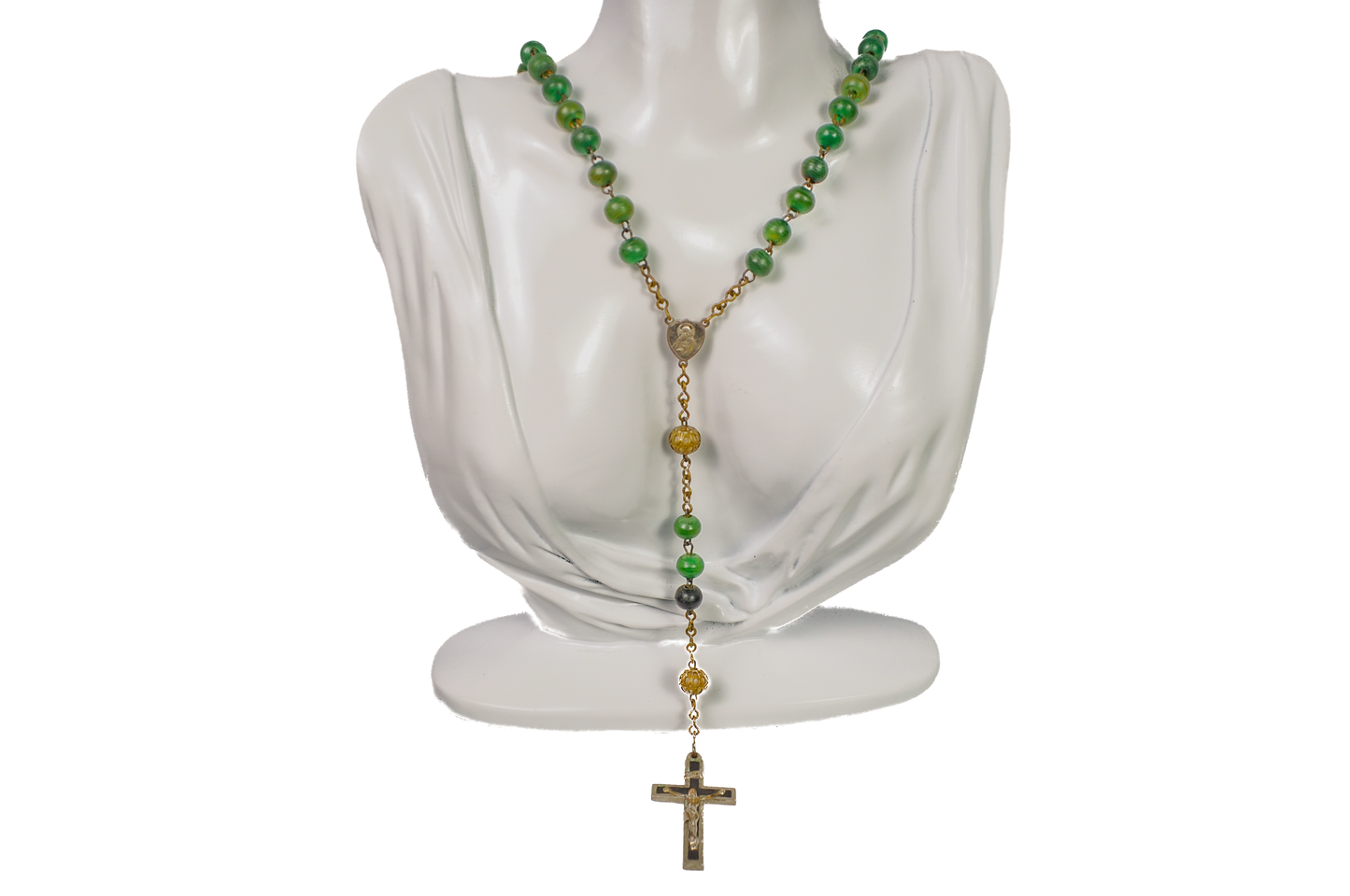 Emerald Green Beaded Rosary Necklace with Gold-Tone Accents and Crucifix - Traditional Five-Decade Catholic Rosary Green Stone-Style Beads and Gold Chain