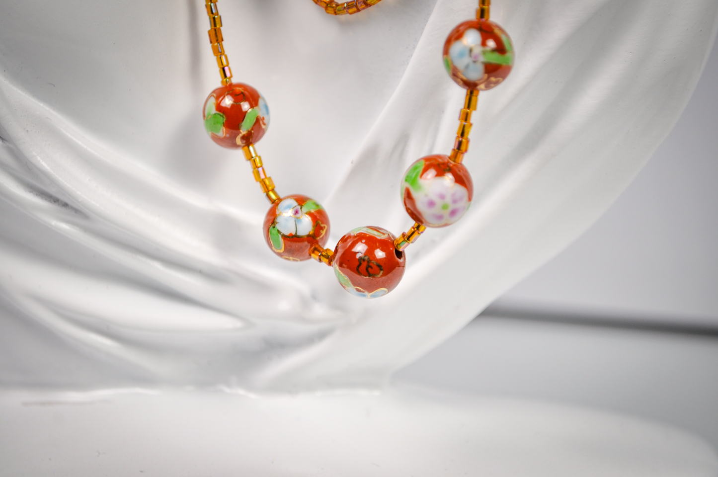 Vintage Chinese Cloisonné Floral Beaded Necklace - Hand-Painted Enamel Flower Bead Statement Necklace