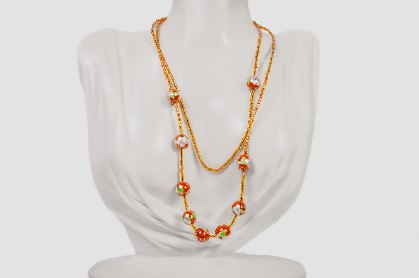 Vintage Chinese Cloisonné Floral Beaded Necklace - Hand-Painted Enamel Flower Bead Statement Necklace