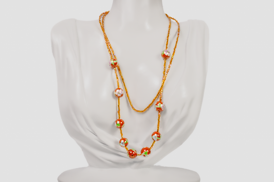Vintage Chinese Cloisonné Floral Beaded Necklace - Hand-Painted Enamel Flower Bead Statement Necklace