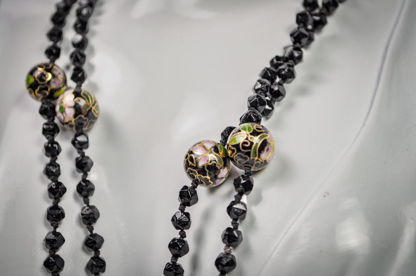 Vintage Chinese Cloisonné Black Floral Beaded Necklace - Hand-Painted Enamel Black Flower Bead Statement Necklace