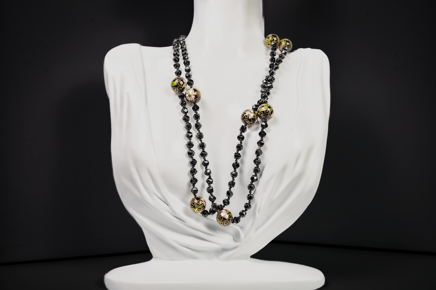 Vintage Chinese Cloisonné Black Floral Beaded Necklace - Hand-Painted Enamel Black Flower Bead Statement Necklace