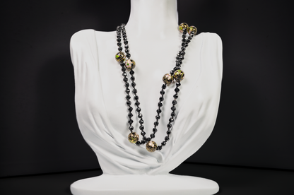 Vintage Chinese Cloisonné Black Floral Beaded Necklace - Hand-Painted Enamel Black Flower Bead Statement Necklace