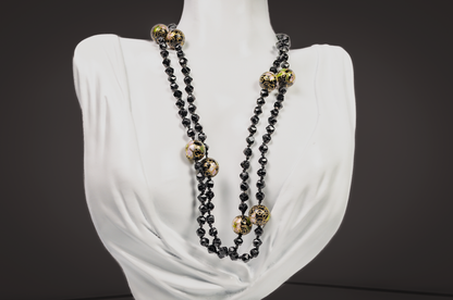 Vintage Chinese Cloisonné Black Floral Beaded Necklace - Hand-Painted Enamel Black Flower Bead Statement Necklace