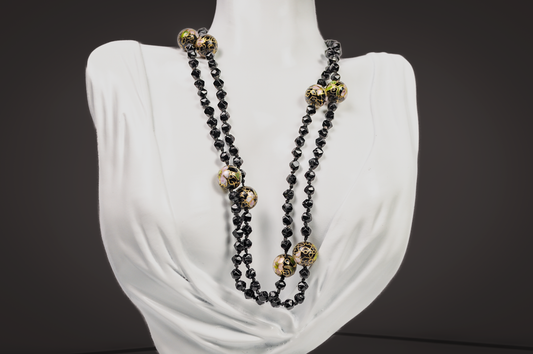 Vintage Chinese Cloisonné Black Floral Beaded Necklace - Hand-Painted Enamel Black Flower Bead Statement Necklace