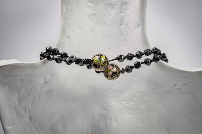 Vintage Chinese Cloisonné Black Floral Beaded Necklace - Hand-Painted Enamel Black Flower Bead Statement Necklace