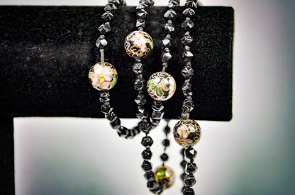 Vintage Chinese Cloisonné Black Floral Beaded Necklace - Hand-Painted Enamel Black Flower Bead Statement Necklace
