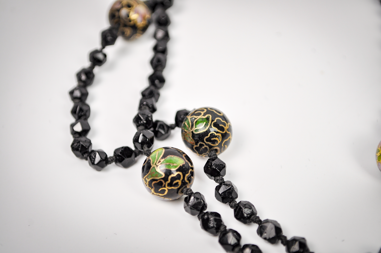 Vintage Chinese Cloisonné Black Floral Beaded Necklace - Hand-Painted Enamel Black Flower Bead Statement Necklace
