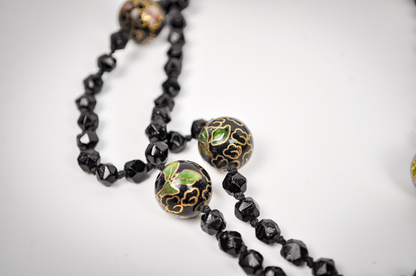 Vintage Chinese Cloisonné Black Floral Beaded Necklace - Hand-Painted Enamel Black Flower Bead Statement Necklace