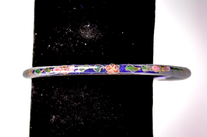 Vintage Chinese Cloisonné Navy Blue Floral Bangle - Hand-Painted Enamel Dark Blue Flower Enamel Dainty Bangle Bracelet