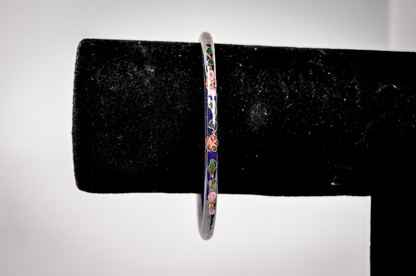 Vintage Chinese Cloisonné Navy Blue Floral Bangle - Hand-Painted Enamel Dark Blue Flower Enamel Dainty Bangle Bracelet