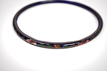 Vintage Chinese Cloisonné Navy Blue Floral Bangle - Hand-Painted Enamel Dark Blue Flower Enamel Dainty Bangle Bracelet