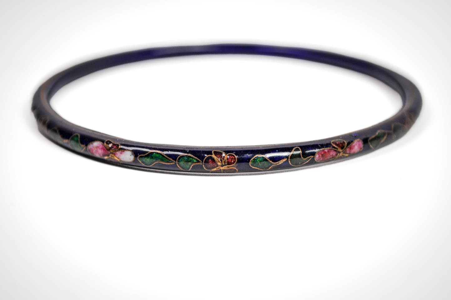 Vintage Chinese Cloisonné Navy Blue Floral Bangle - Hand-Painted Enamel Dark Blue Flower Enamel Dainty Bangle Bracelet