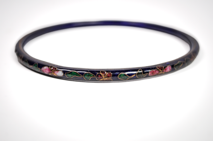 Vintage Chinese Cloisonné Navy Blue Floral Bangle - Hand-Painted Enamel Dark Blue Flower Enamel Dainty Bangle Bracelet