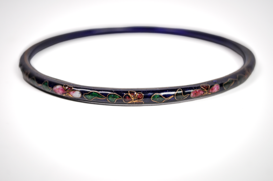 Vintage Chinese Cloisonné Navy Blue Floral Bangle - Hand-Painted Enamel Dark Blue Flower Enamel Dainty Bangle Bracelet