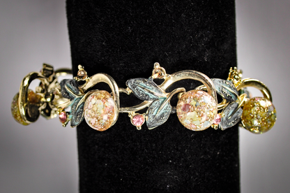 Vintage Gold-Toned Sparkle Cabochon Pastel Multicolor Bracelet - Retro Confetti Lucite & Patina Leaf Statement Bracelet