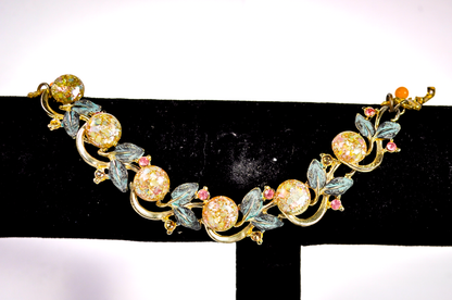 Vintage Gold-Toned Sparkle Cabochon Pastel Multicolor Bracelet - Retro Confetti Lucite & Patina Leaf Statement Bracelet
