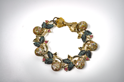 Vintage Gold-Toned Sparkle Cabochon Pastel Multicolor Bracelet - Retro Confetti Lucite & Patina Leaf Statement Bracelet