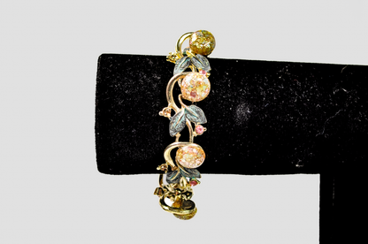Vintage Gold-Toned Sparkle Cabochon Pastel Multicolor Bracelet - Retro Confetti Lucite & Patina Leaf Statement Bracelet