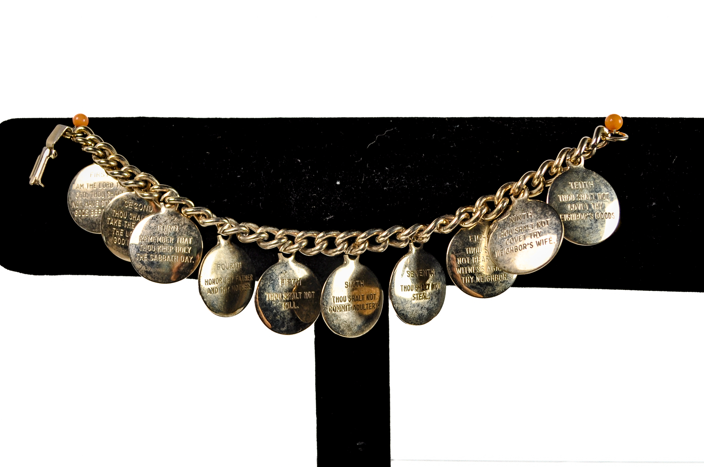 Vintage 1960's Bracelet 10 Commandments Gold Tone Circular Charms - The Ten Commandments Gold Toned Christian Charm Bracelet