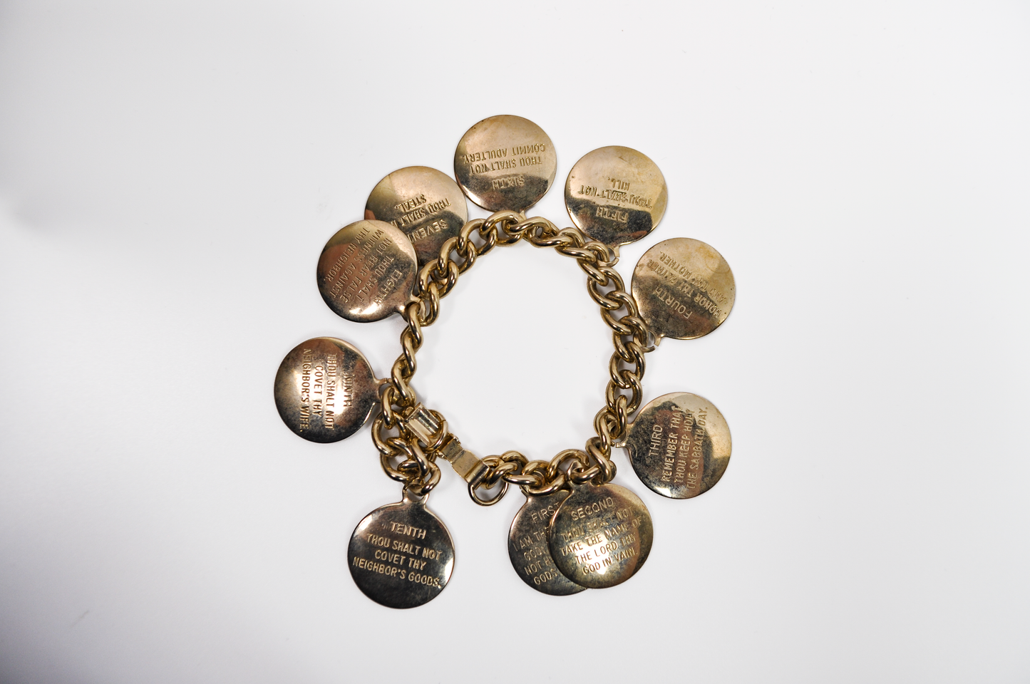 Vintage 1960's Bracelet 10 Commandments Gold Tone Circular Charms - The Ten Commandments Gold Toned Christian Charm Bracelet