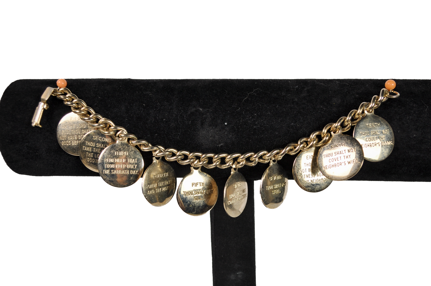 Vintage 1960's Bracelet 10 Commandments Gold Tone Circular Charms - The Ten Commandments Gold Toned Christian Charm Bracelet