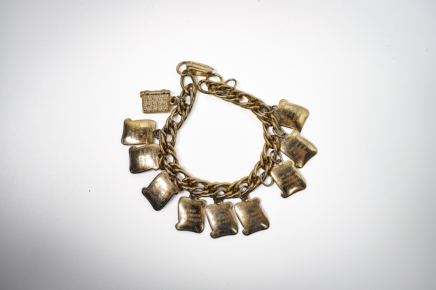 Vintage 1960's Bracelet 9 Commandments Gold Tone Square Charms - The Nine Commandments Gold Toned Christian Charm Bracelet