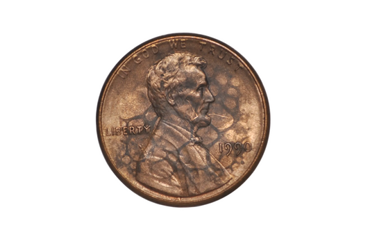 1990 Lincoln Penny with Unusual Interlocking Circular Geometric Mesh Pattern - 1990 Lincoln Memorial Cent Penny with Unique Textured Honeycomb Surface Distortion
