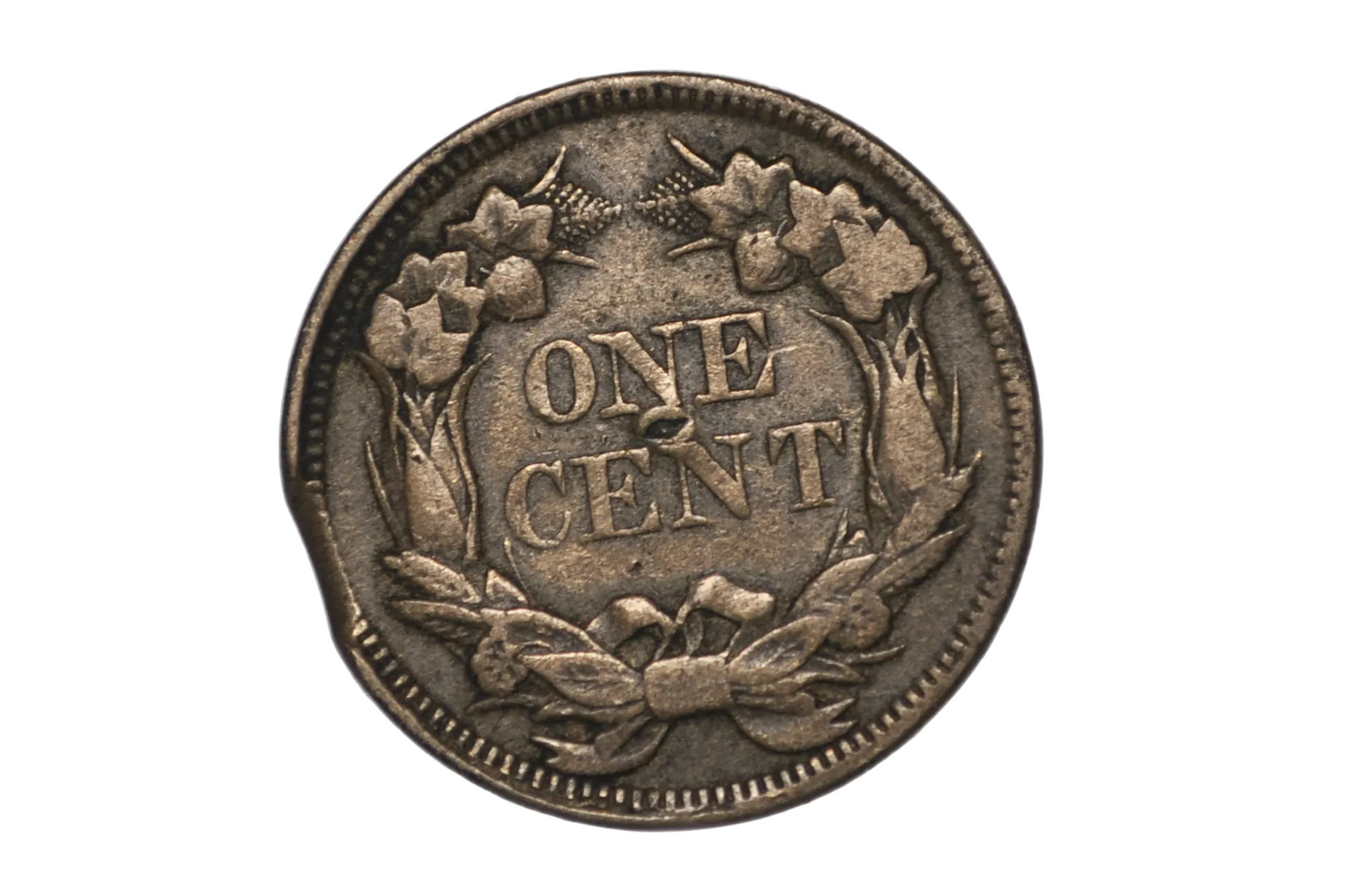 1858 VF Flying Eagle Cent Large Letters, High Leaves Straight Clip Error - 1858 Flying Eagle Cent Large Letters VF Clipped Planchet Error