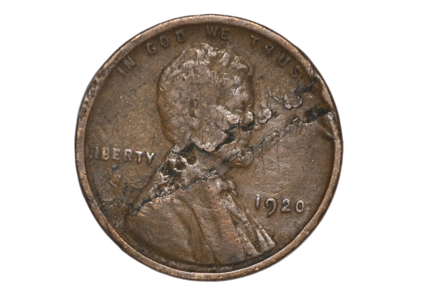 1920 Lincoln Penny Facial Distortion Lamination Error - 1920 Unique Lincoln Penny Lamination Error