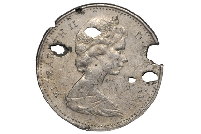 1972 Canada 10 Cents Punctured & Acid-Corroded Coin - Oddity 1972 Canadian Dime Holed and Acid Pitted Nickel