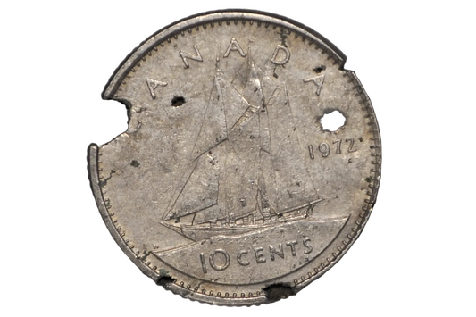 1972 Canada 10 Cents Punctured & Acid-Corroded Coin - Oddity 1972 Canadian Dime Holed and Acid Pitted Nickel