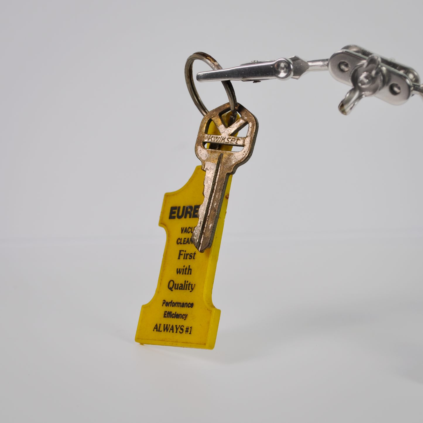Vintage Eureka Vacuum Cleaner Yellow Plastic Key Fob Keychain with Kwikset Key - Collectible Yellow Eureka Vacuum Advertising Key Fob