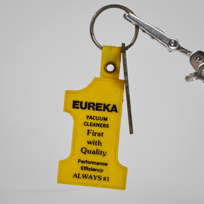 Vintage Eureka Vacuum Cleaner Yellow Plastic Key Fob Keychain with Kwikset Key - Collectible Yellow Eureka Vacuum Advertising Key Fob