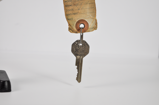 Vintage GM General Motors Dealership Key Tag & Original Car Key - Classic GM Car Key with Original Vintage Cardboard Stock Tag