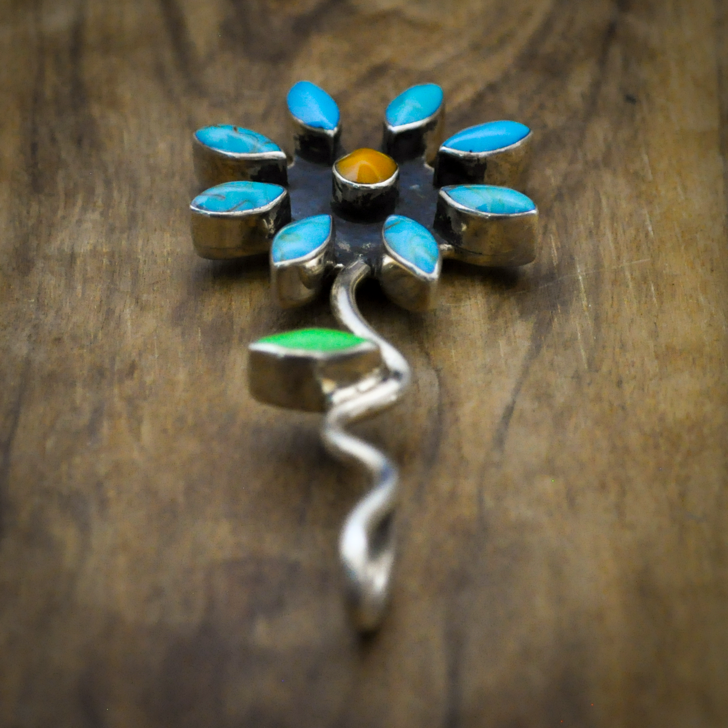 Sterling Silver Floral Cluster Pendant with Turquoise Petals and Green Leaf Accent - Native American Turquoise and Sterling Silver Floral Vine Necklace