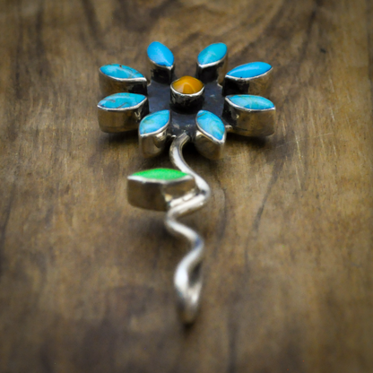 Sterling Silver Floral Cluster Pendant with Turquoise Petals and Green Leaf Accent - Native American Turquoise and Sterling Silver Floral Vine Necklace