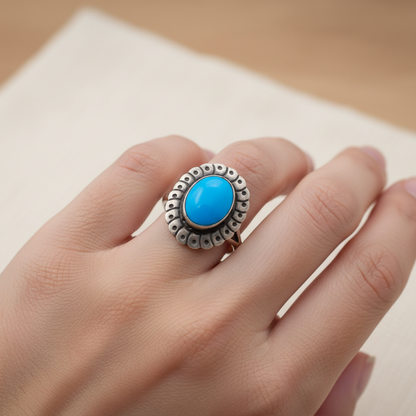Handcrafted Size 6 Sterling Silver & Turquoise Ring Signed TK -  'T K' Signed Southwest Sterling Silver Oval Turquoise Statement Ring