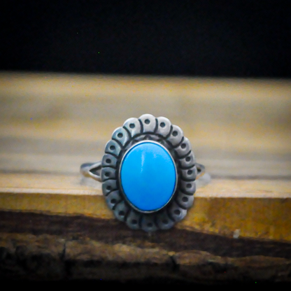 Handcrafted Size 6 Sterling Silver & Turquoise Ring Signed TK -  'T K' Signed Southwest Sterling Silver Oval Turquoise Statement Ring