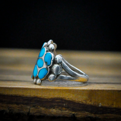 Vintage Zuni Turquoise Flower Inlay Ring Sterling Silver Size 6.5 - Native American Zuni Dishta Style Turquoise Flush Inlay Ring Size 6.5