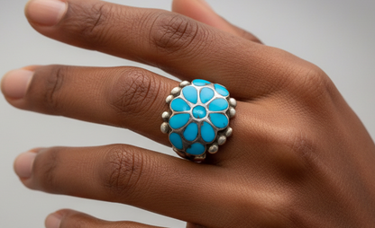 Vintage Zuni Turquoise Flower Inlay Ring Sterling Silver Size 6.5 - Native American Zuni Dishta Style Turquoise Flush Inlay Ring Size 6.5