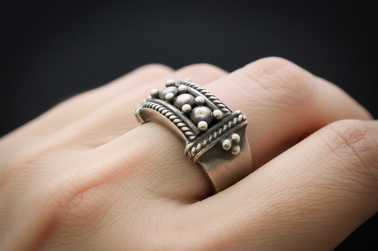 BA 925 Sterling Silver Wide Band Ring, Size 8.5 - Vintage Artisan Sterling Silver Beaded Statement Ring, Sz 8.5
